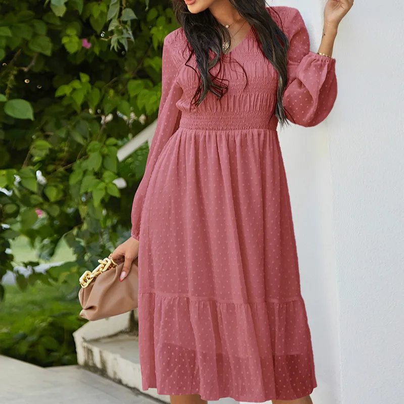 

JLI MAY Dot White Dresses Women Elegant Fashion A-Line Lantern Sleeve V-Neck Knee-Length Spring Office Lady Fall Clothes 2021