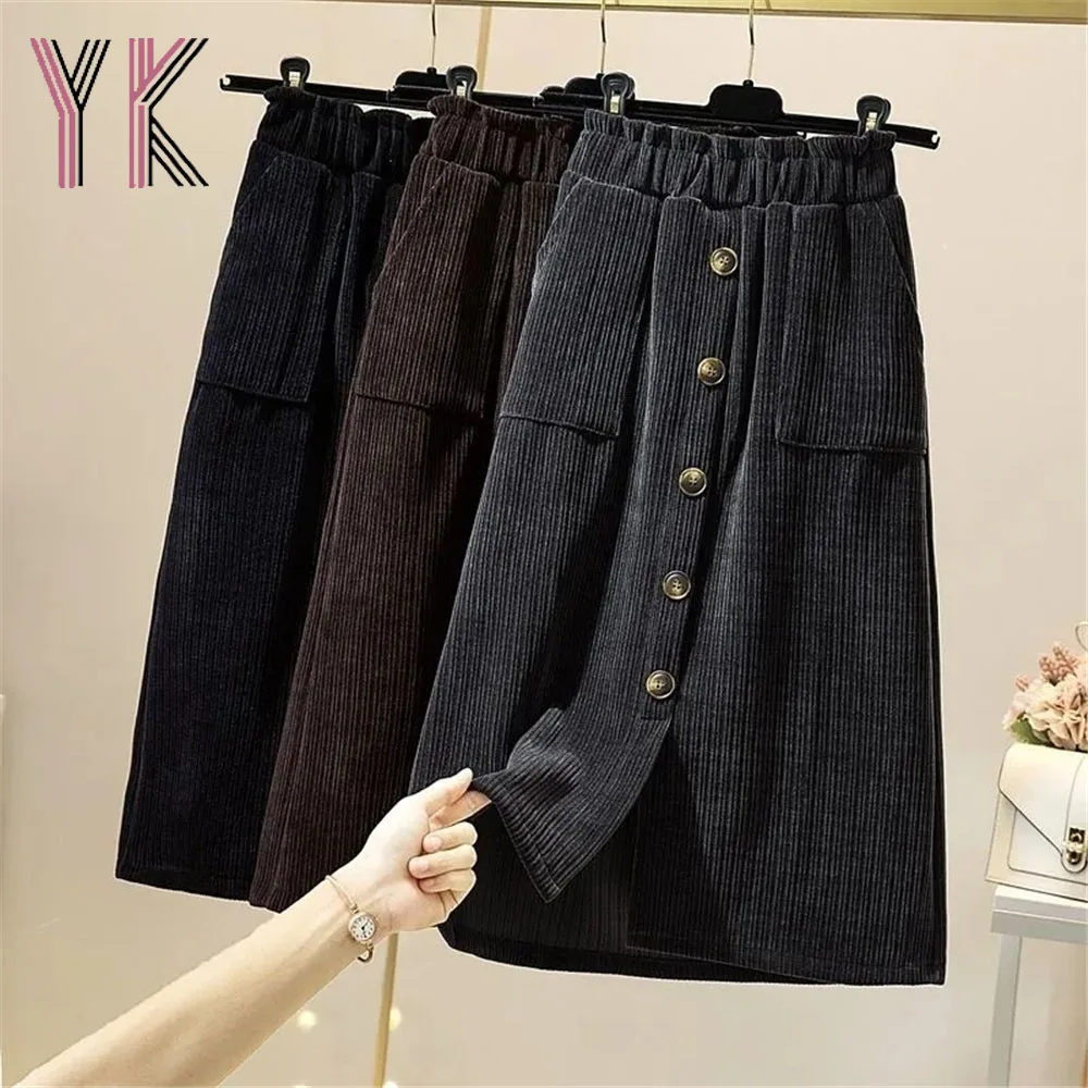 

Vintage Corduroy Button Pockets Elastic High Waist Slit Straight Midi Skirts Elegant Autumn Winter Women Sukienka Big Size Saia