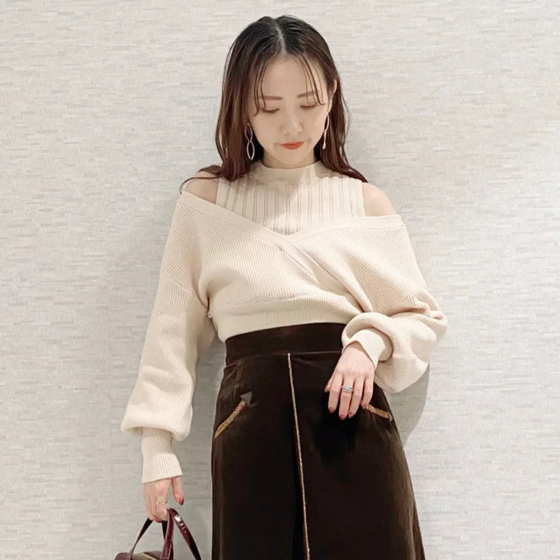 

Sexy Shoulder Strapless Knit Sweater Women Pullover Long Sleeve Solid Pull Femme Spring 2021 New Slim Fit Sueter Mujer