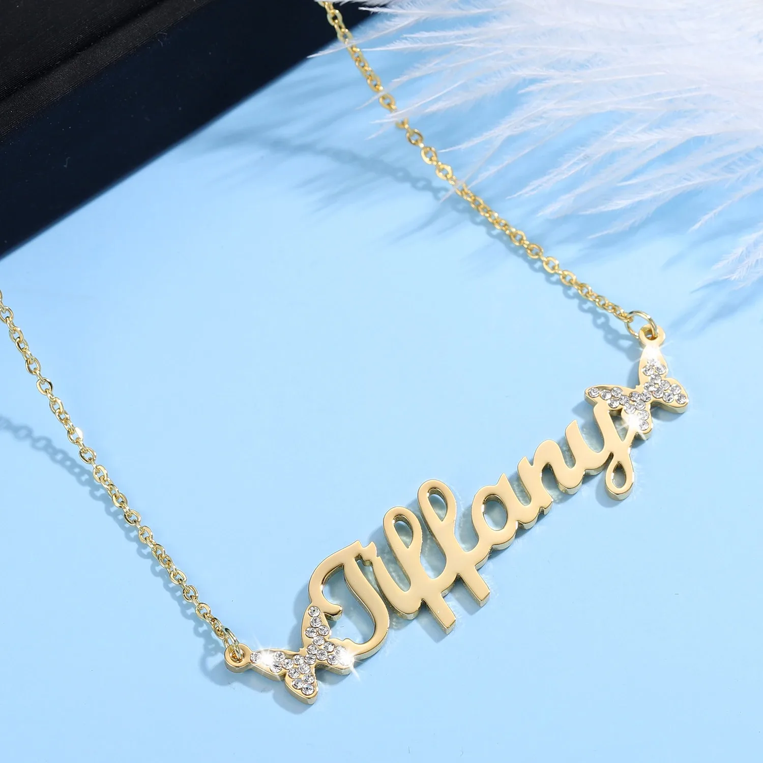 

Personalized Butterfly Necklaces Custom Name Bling Iced Out Pendant Gold Stainless Steel Crystal Name Necklace Women Jewelry