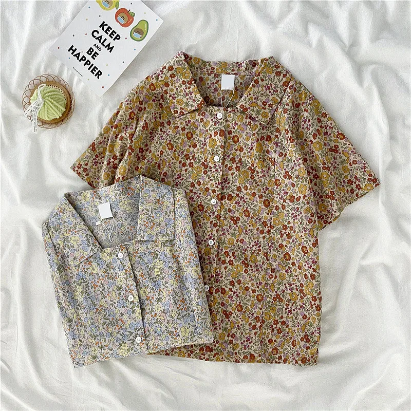 

EBAIHUI Vintage Blouse Summer Top Flower Print Short Sleeve Turn Down Collar Shirt Women Loose Ladies Tie Top Korean Fashion