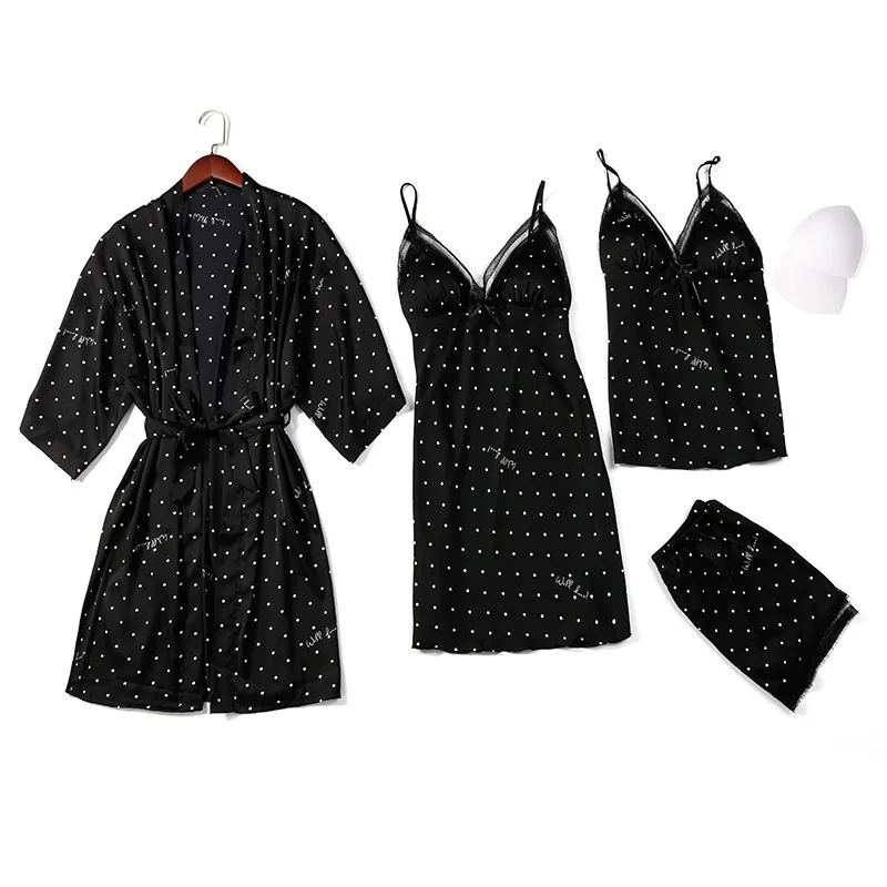 

Spring 4Pcs Womens Lace Trim Polka Dot Printed Satin Pajamas Gown Set V-Neck Cami Nighties Pijama Home Nightwear Nightdress