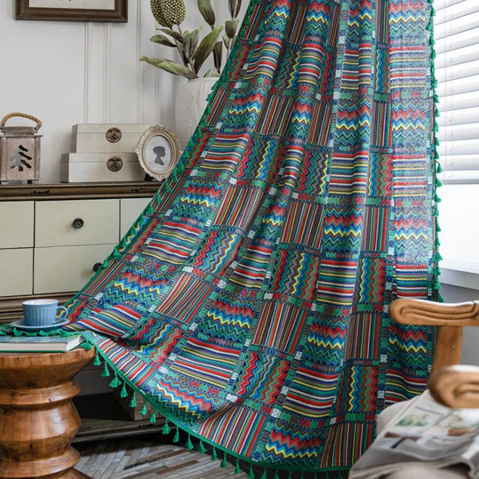 

Bohemian Ethnic Blue-Green Wave Bay Window Curtain Geometric Printing Tassel Edge Study Semi-Shading Bathroom Partition Curtain