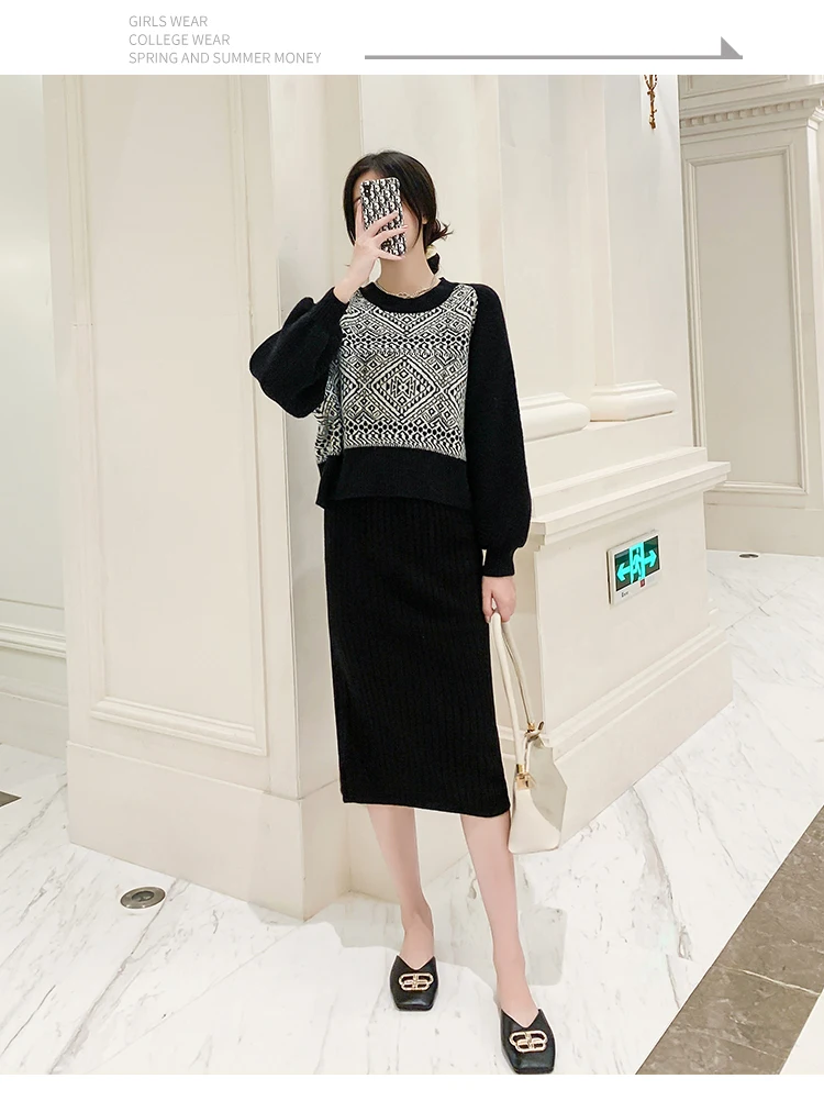 

Women Hit Color Knitting Outfits Long Lantern Sleeve O-Neck Knitted Pullover Sweater + Midi Skirt Autumn Winter 2Pcs Sets
