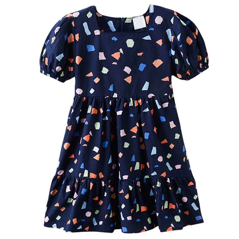 

print cotton tiered midi dress children clothes 4 to 14 years kids teenager girls summer geometric girl casual flare dresses