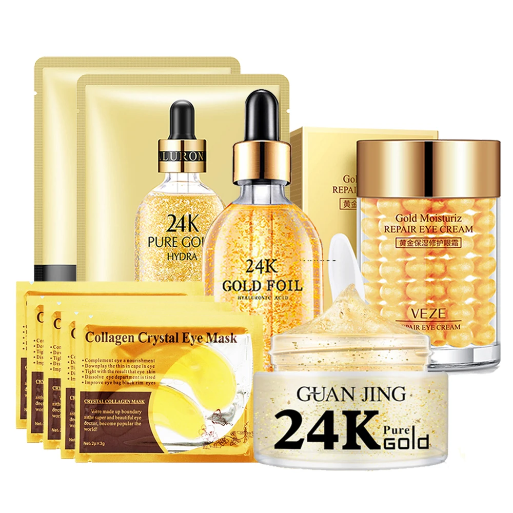 24k Gold Skin Care Set Anti-wrinkle Eye Cream Face Cream Whitening Hyaluronic Acid Face Mask Anti-Aging Serum Korean Cosmetics
