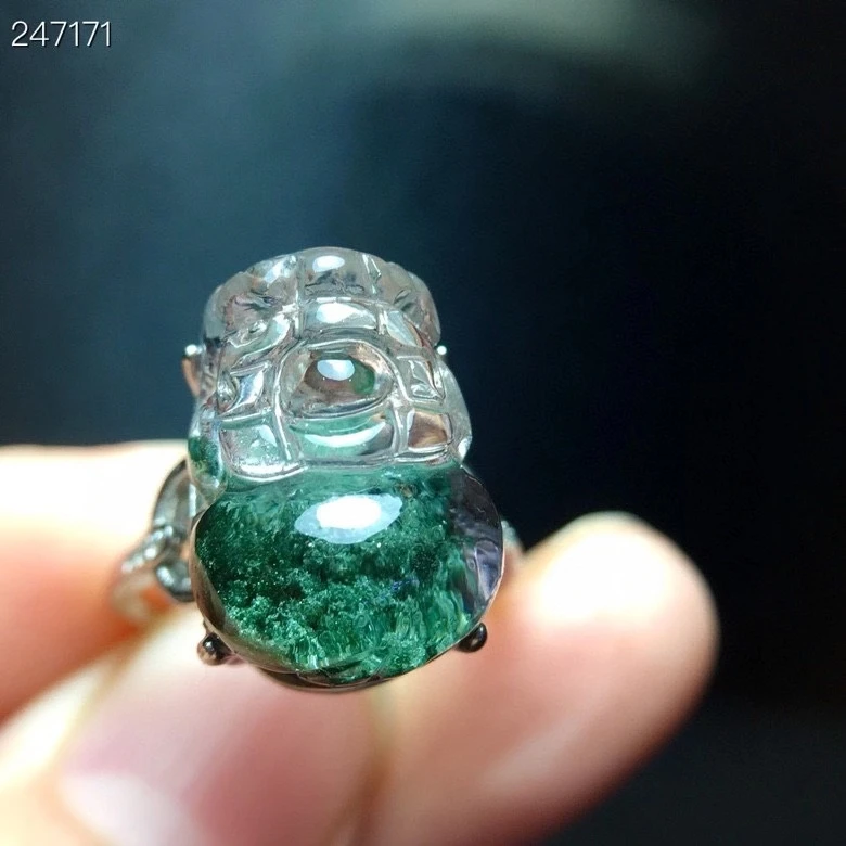 

Genuine Natural Green Phantom Quartz Adjustable Ring Pi Xiu Carved 925 Sterling Silver 16/11.8mm Ring Genuine AAAAAA