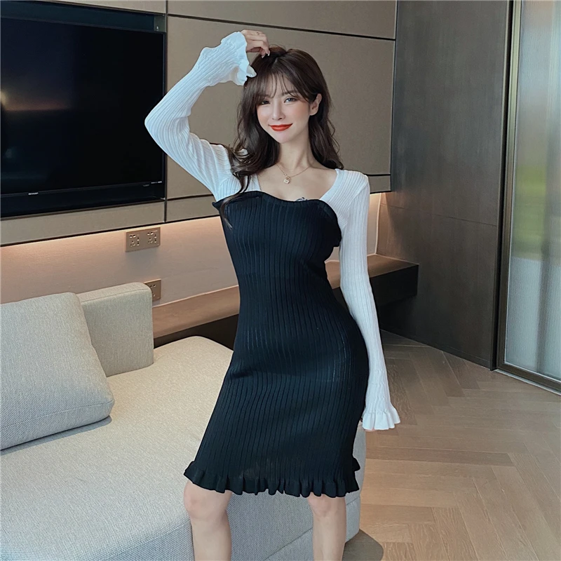 

Summer Bodycon Knitted Striped Dress Women Sexy Long Sleeve Ladies Dresses 2021 casual korean Black Blue Woman Dress Vestido