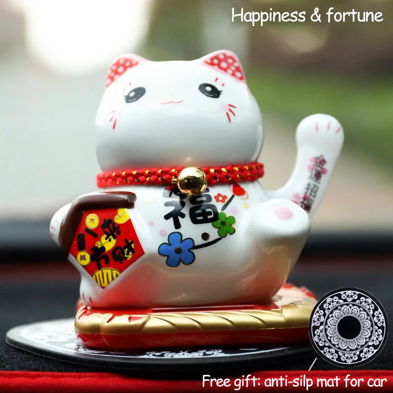 A Керамический счастливый кот на солнечных батареях Maneki Neko развевающаяся рука манящая удача приветственный Кот с автомобильным ковриком Настольный Декор очаровательный подарок - Цвет: A