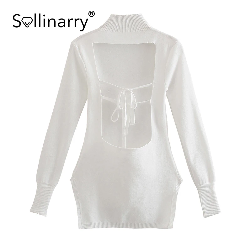 

Sollinarry High street turtleneck women's pullover solid Sexy lace up white sweater autumn Sheath fashion long sleeve ladies top