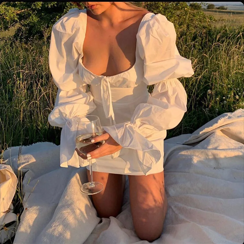 

2021 New Fashion Elegant Lantern Sleeve Bow Bandage White Mini Dress Women Street Office Lady Casual Party Beach Vacation Dress