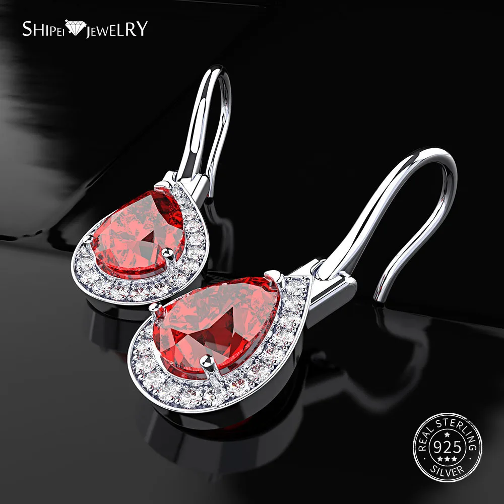 Shipei 925 пробы, серебряные, желтые, розовые, белые сапфировые серьги в форме капли воды, хорошее ювелирное изделие, висячие серьги для женщин - Цвет камня: Ruby