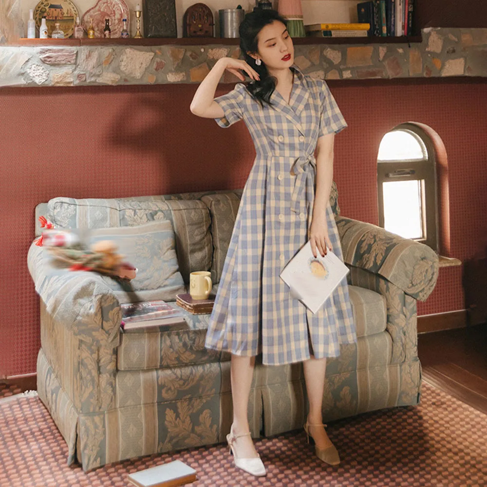 

Korean Fashion Retro Ladies Dress Temperament Casual 2021 Spring Summer Lattice Double Breasted V-neck Summer