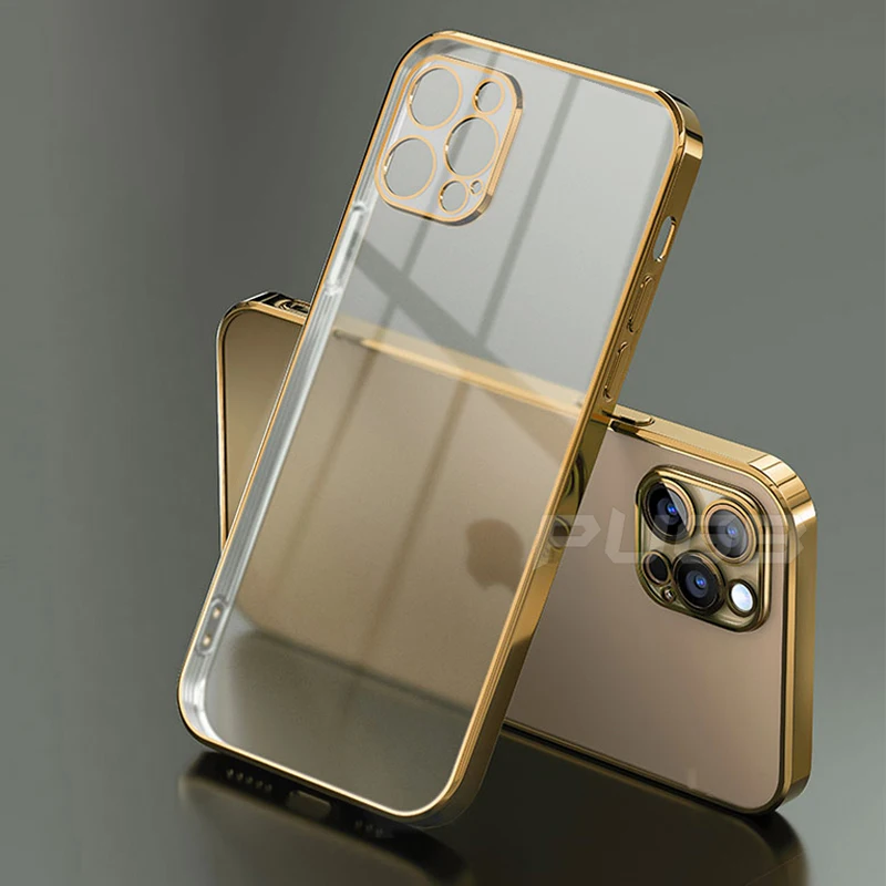 Carcasa transparente de lujo con marco cuadrado chapado para iPhone 12 11 Pro Max Mini iPhone SE 2020 x xs xr 6 6S 7 8 plus, funda transparente suave