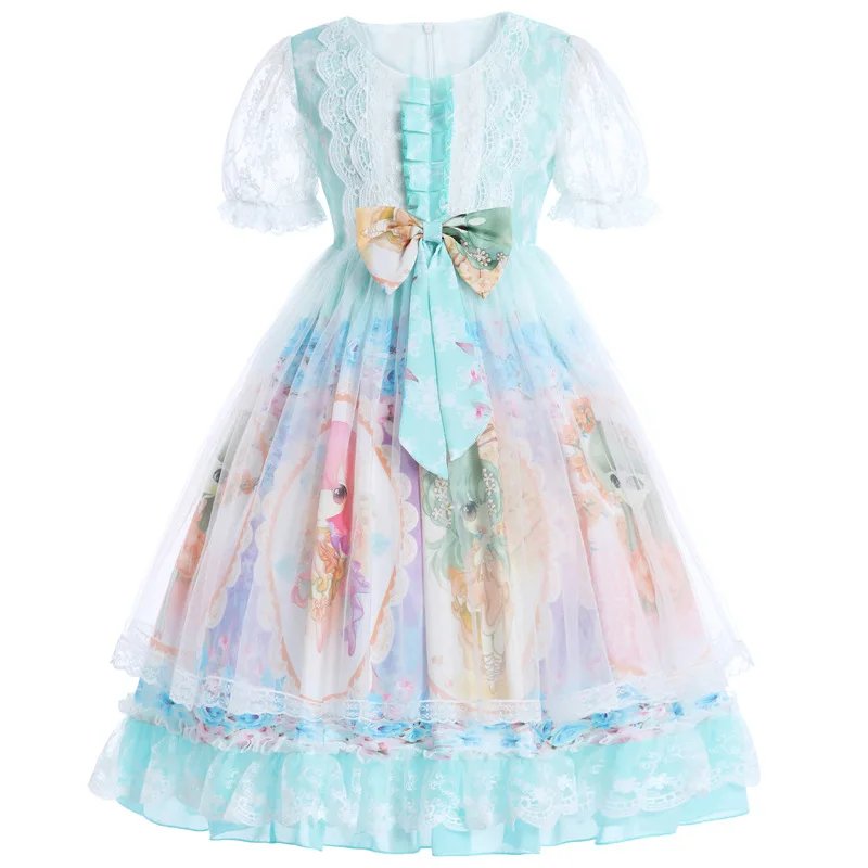 

Cartoon Anime Lolita Style Layered Dress Mesh Lace Short Lantern Sleeve Ball Gown Spring Summer Kids Western Clothes