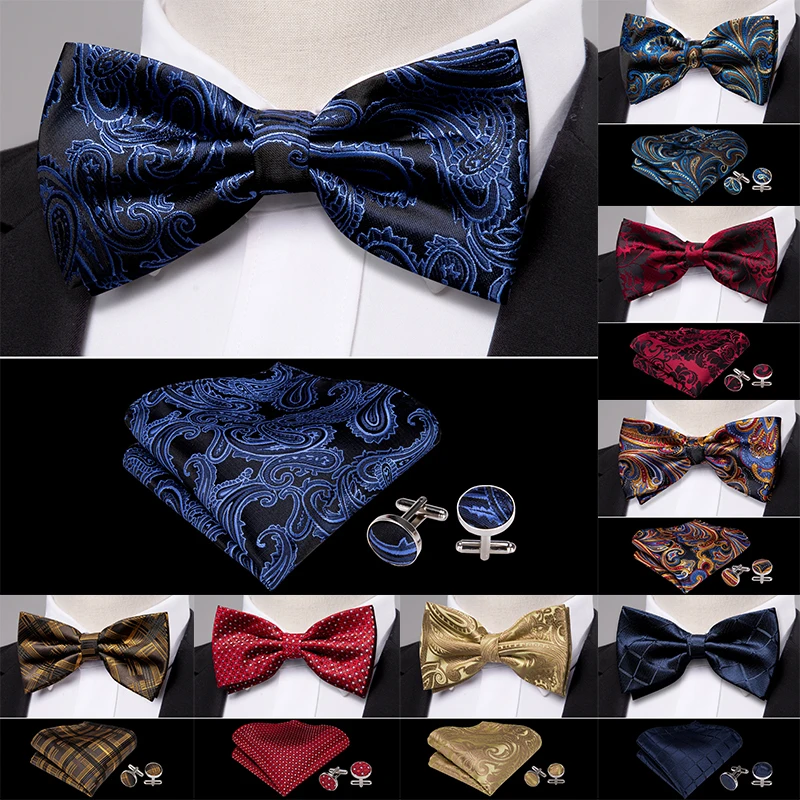 

Luxury Brand Blue Silk Men's Bowtie Set Paisley Pre-Bow Tie Handkerchief Cufflinks Gift for Men Wedding Party Dress Barry.Wang