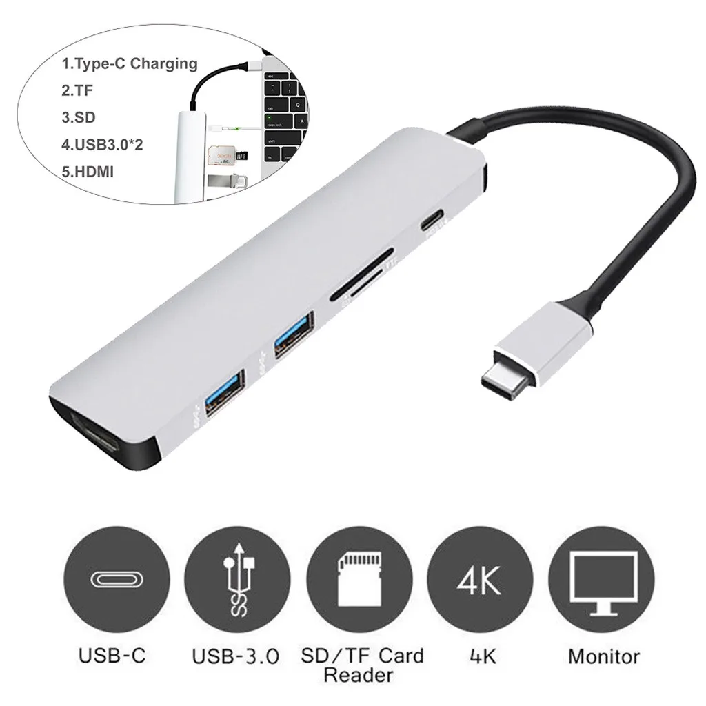 Ouhaobin 6in1 Type-C Hub USB 3.0 Adapter to HDMI 4 K Video PD usb3.0 for Reader SD / TF Card Port PC | Компьютеры и офис