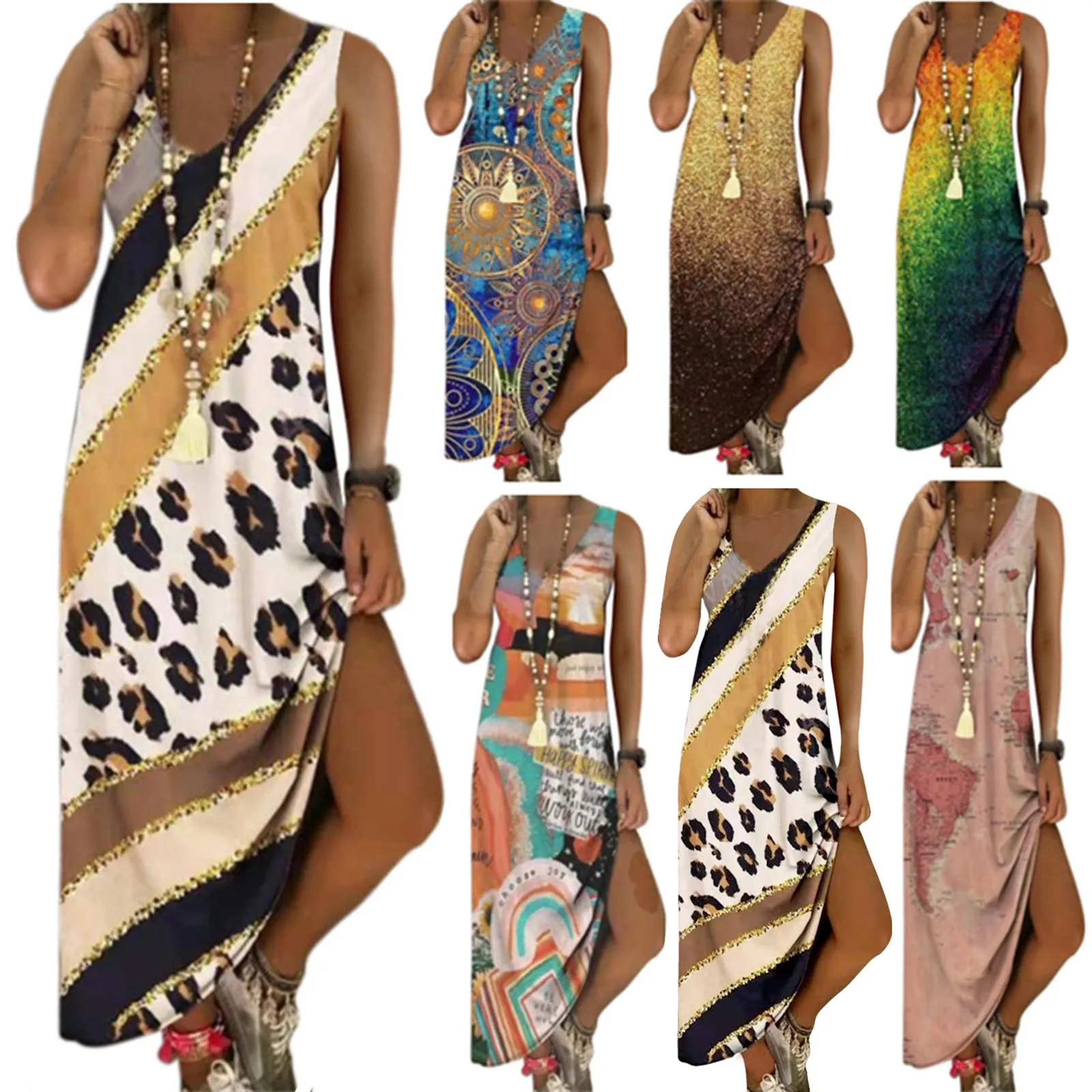 

Sleeveless Patchwork Neck Women's Dress Round Print Casual Loose Long Dress Women's Dress