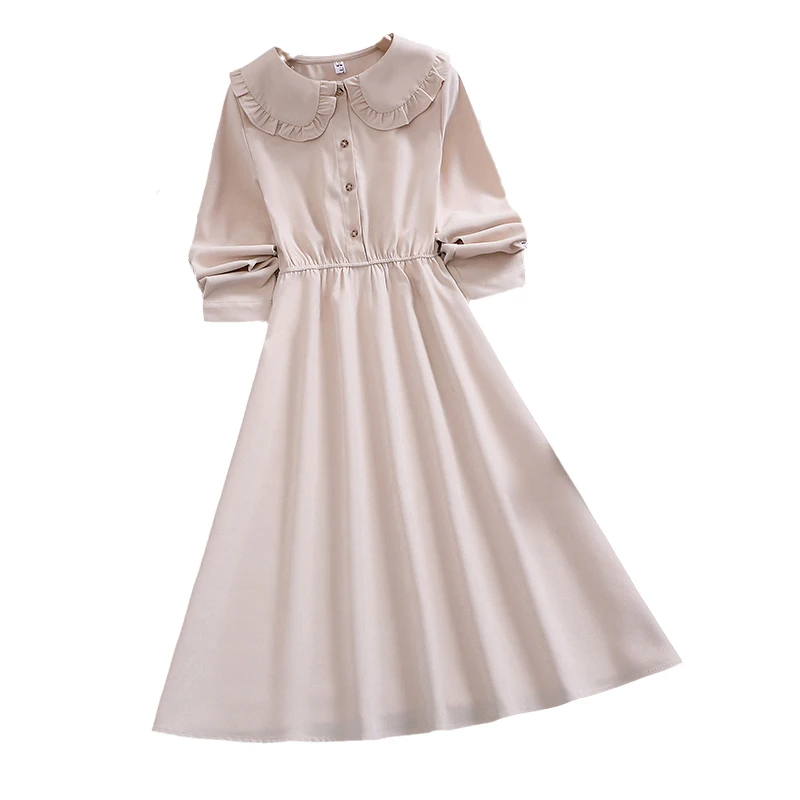 

Autumn Winter Women New Mori Girl 2020 Waist Slimming Mid-Length Wick Cotton Long-Sleeve Dress corduroy Fashion Ruffle Dress