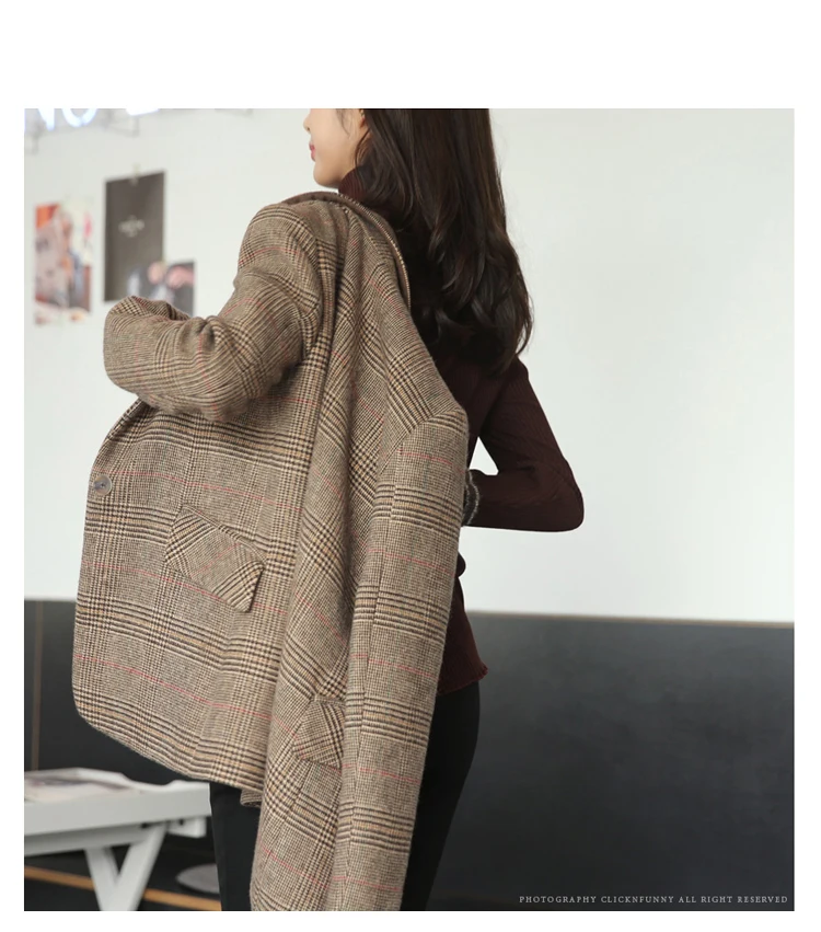 Женский прямой клетчатый костюм Повседневный шерстяной пиджак в стиле ретро