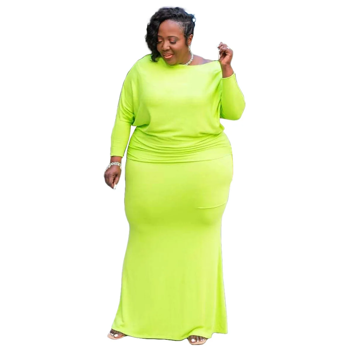 

Женское однотонное платье с длинным рукавом и круглым вырезом, большого размера