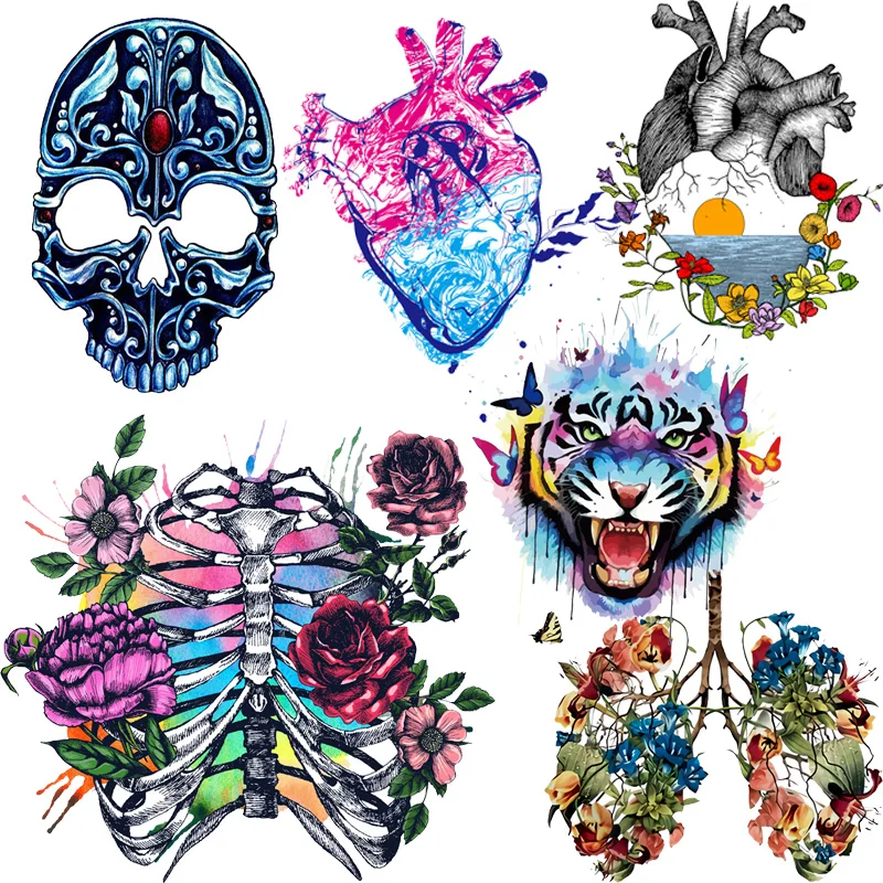 

Punk Skull Stripes Heart Heat-Sensitive Badge Patches Applique Thermo Stickers on Clothes Iron on Transfers For Clothing Sewing