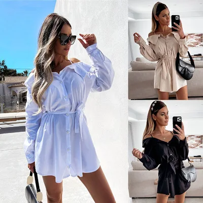 

Women's Sexy Sling Strapless Mini Button Dress White Casual Dress Ladies Lace-up Black Dress Fashion Stitching Dresses Autumn