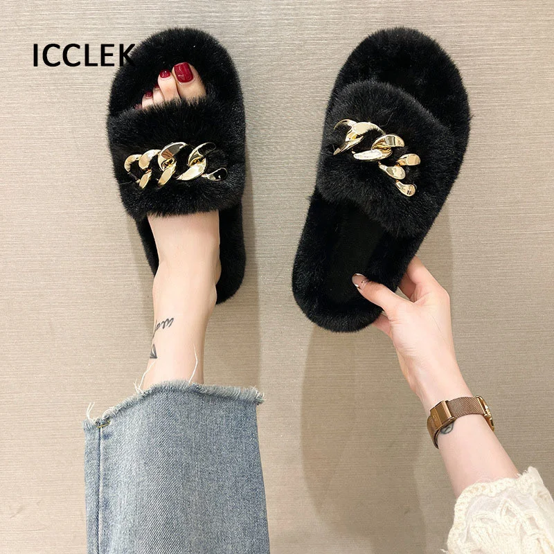 Women House Slippers Winter Faux Fur Slides Indoor Home Slippers Shoes Woman Slip on Furry Slippers Plush Warm Ladies Shoes