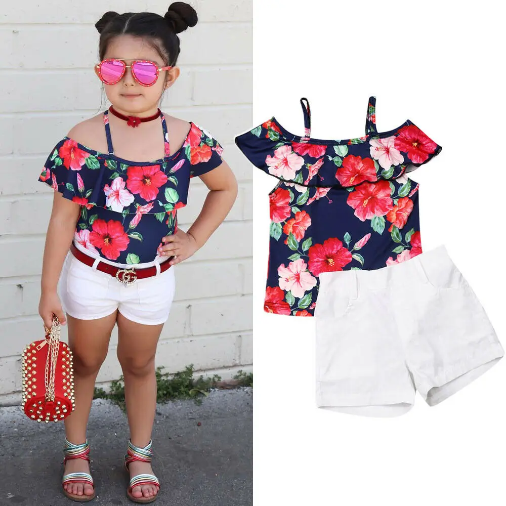 Летний комплект одежды для маленьких девочек топы с открытыми плечами и принтом
