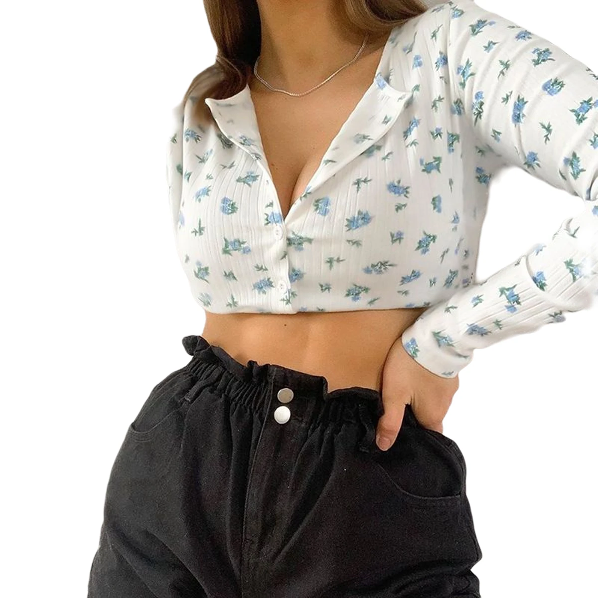 

Womens Casual Long-sleeved Cardigan Fashion Floral Round Neck Single-breasted Exposed Navel T-shirt