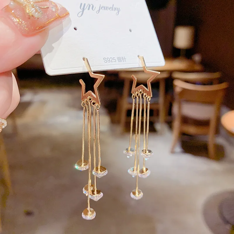 

Ins Hot Sale 14K Real Gold Five-pointed Star Tassel S925 Silver Needle Long Stud Earrings for Women Cubic Zircon ZC Earrings