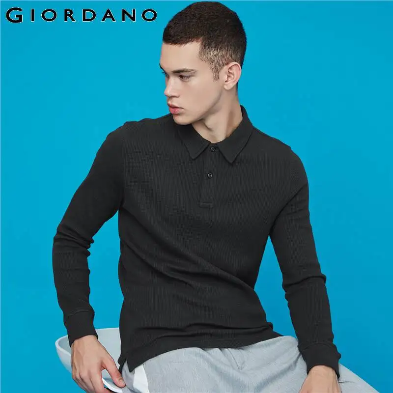 Giordano мужские рубашки поло с вафельным узором, с длинными рукавами, мужские плотные однотонные поло Para Hombre, с разрезом по подолу, Camisa Polo 01019783
