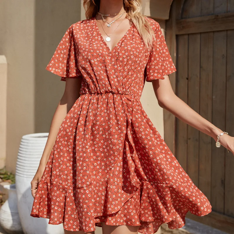 

Spring and Summer New Spot Vacation Style Printed V-neck High Waist Slimming and Fashionable Women's Short Sleeve Dress