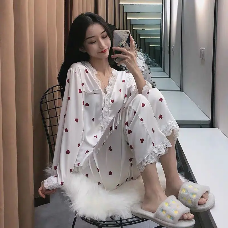 

Pajamas women's Korea sexy lace pajamas suit summer autumn short sleeve two piece sweet princess style home clothes