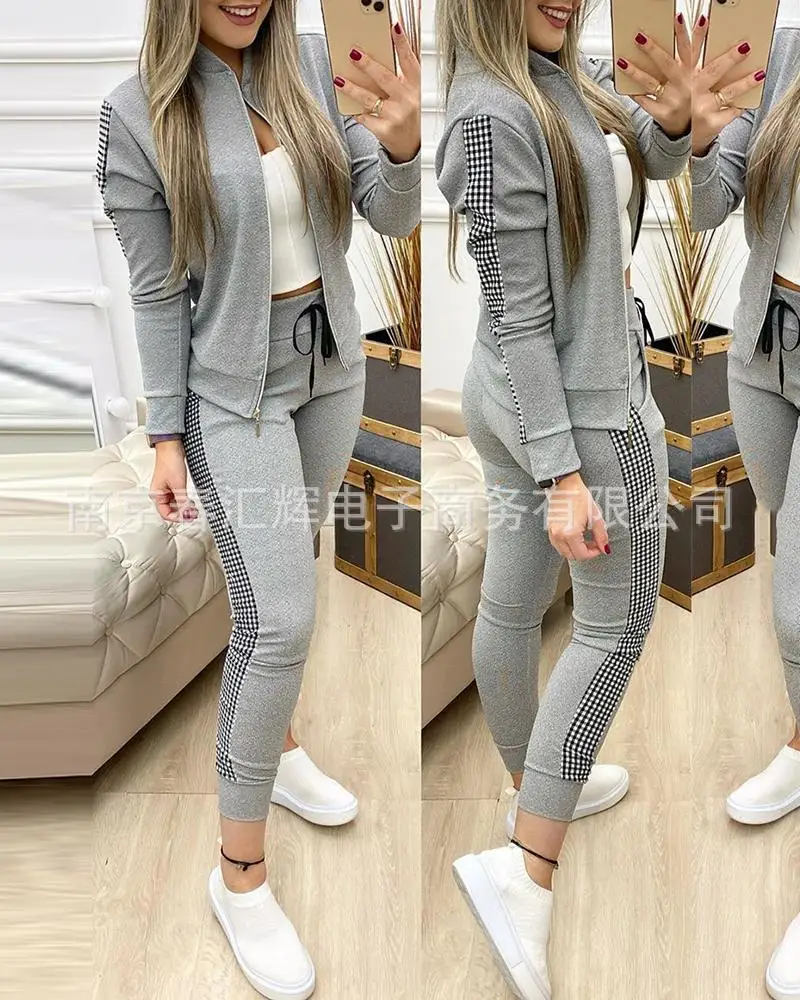 

Autumn and winter long sports stitching plaid casual suit