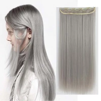 clip in one piece synthetic hair extension long straight synthetic black gray color hairpieces