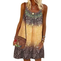 80 hot sales bohemian women sling dress o neck spaghetti straps printed above knee loose a line dress for party