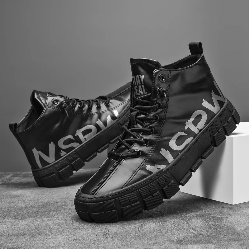 

Mens Boots Spring Autumn Fashion Pu Leather Boots Men Black Martin Boots Zapatos De Hombre City Leisure High Tops Ankle Boots