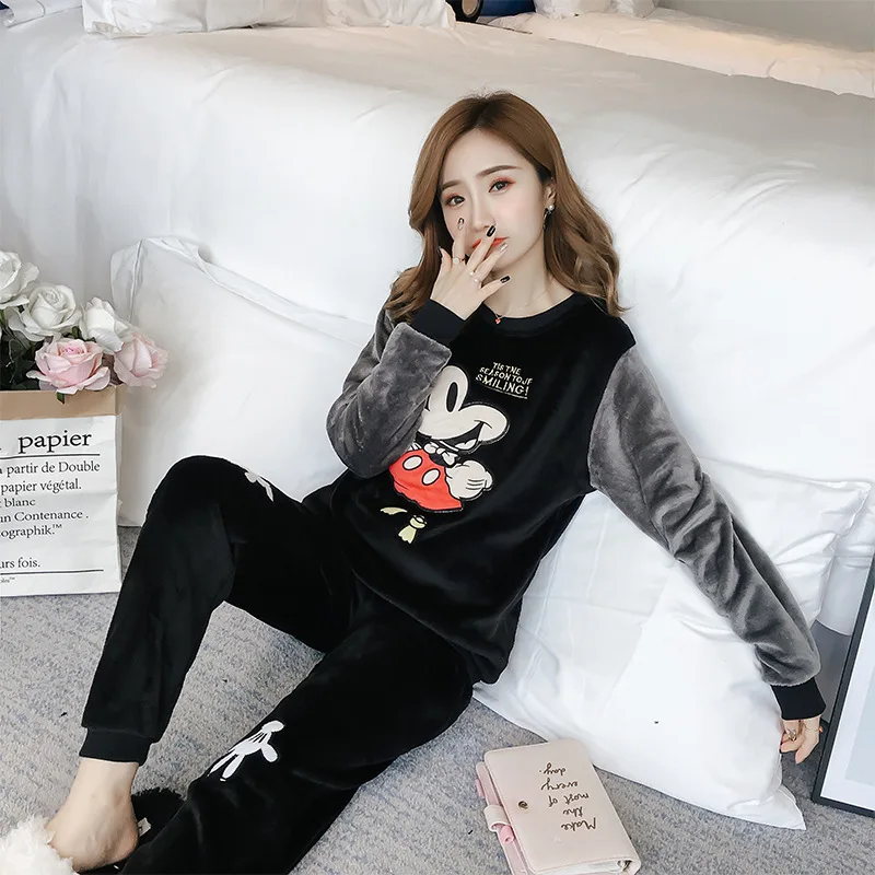 Женская Фланелевая пижама с Микки и Минни теплый пуловер длинным рукавом штаны