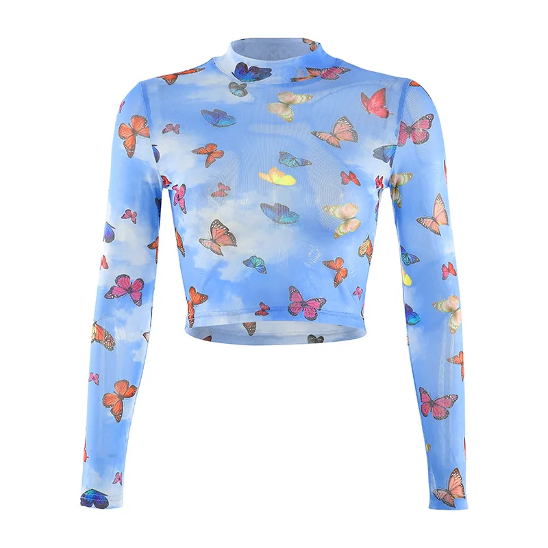 

2020 Autumn Fashion Sexy Mesh Crop Top T Shirts Women Colorful Butterfly Print Cute T Shirt Long Sleeve Tops Shirt for Women
