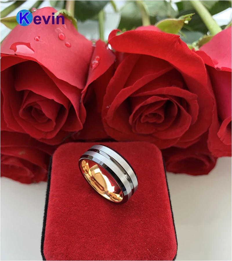 Обручальное кольцо из розового золота черное вольфрамовое для мужчин и женщин с