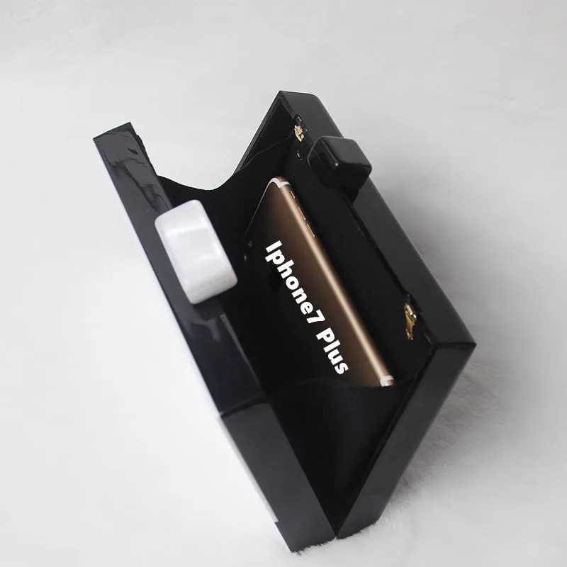 

Simple Black White Box Clutch Bag Acrylic Hit Color Dot Stitching Dinner Hand Bag For Lady Trapezoid Shoulder Slant Cross Bag