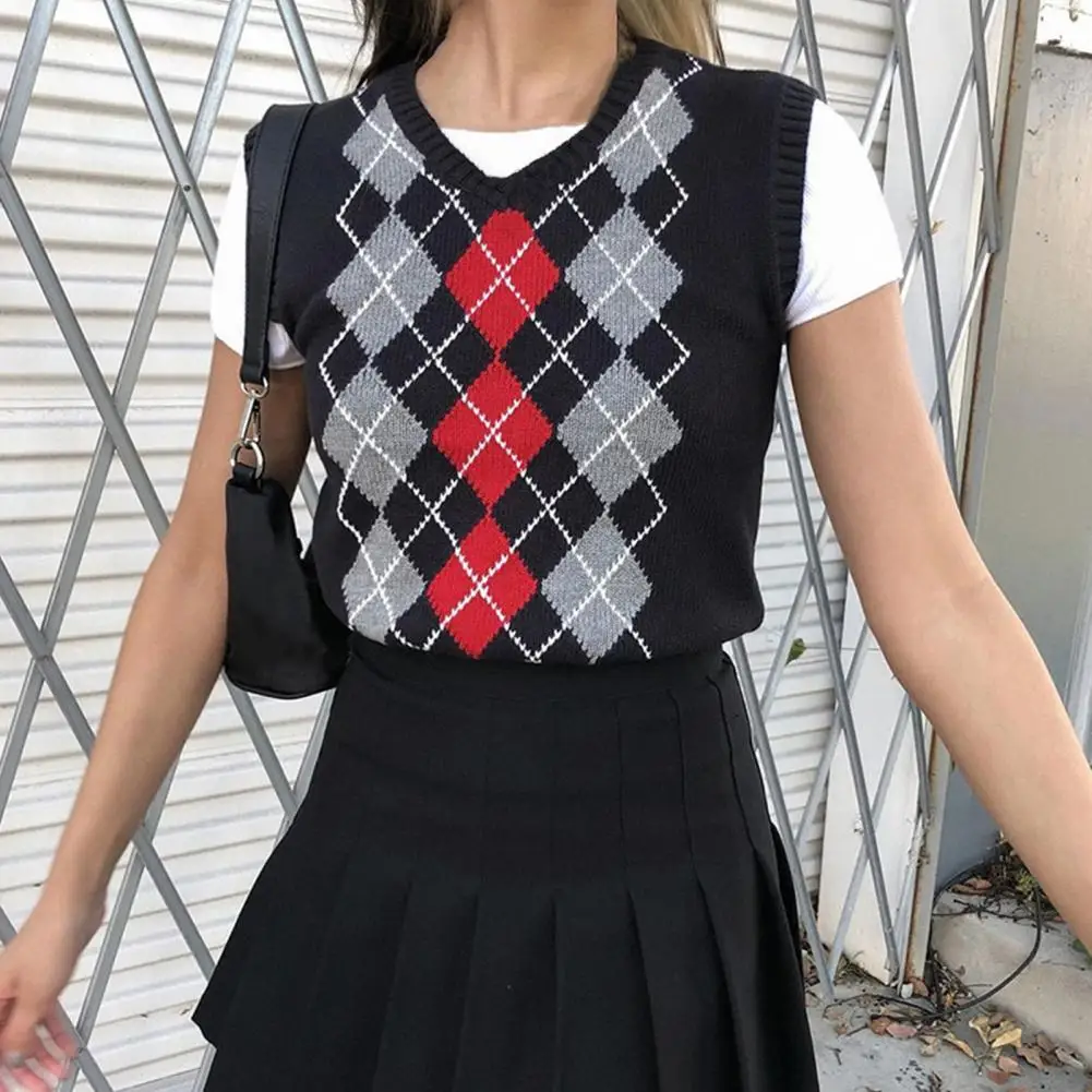 

Knit Vest Women Plaid Preppy Style Knitted Tank Top New Fashion Streetwear Sleeveless Sweater Vest Knitwear Retro Korean Tops