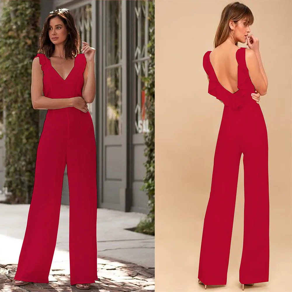 

and the United States women's leisure deep v sleeveless sexy backless cultivate morality straight jumpsuits women