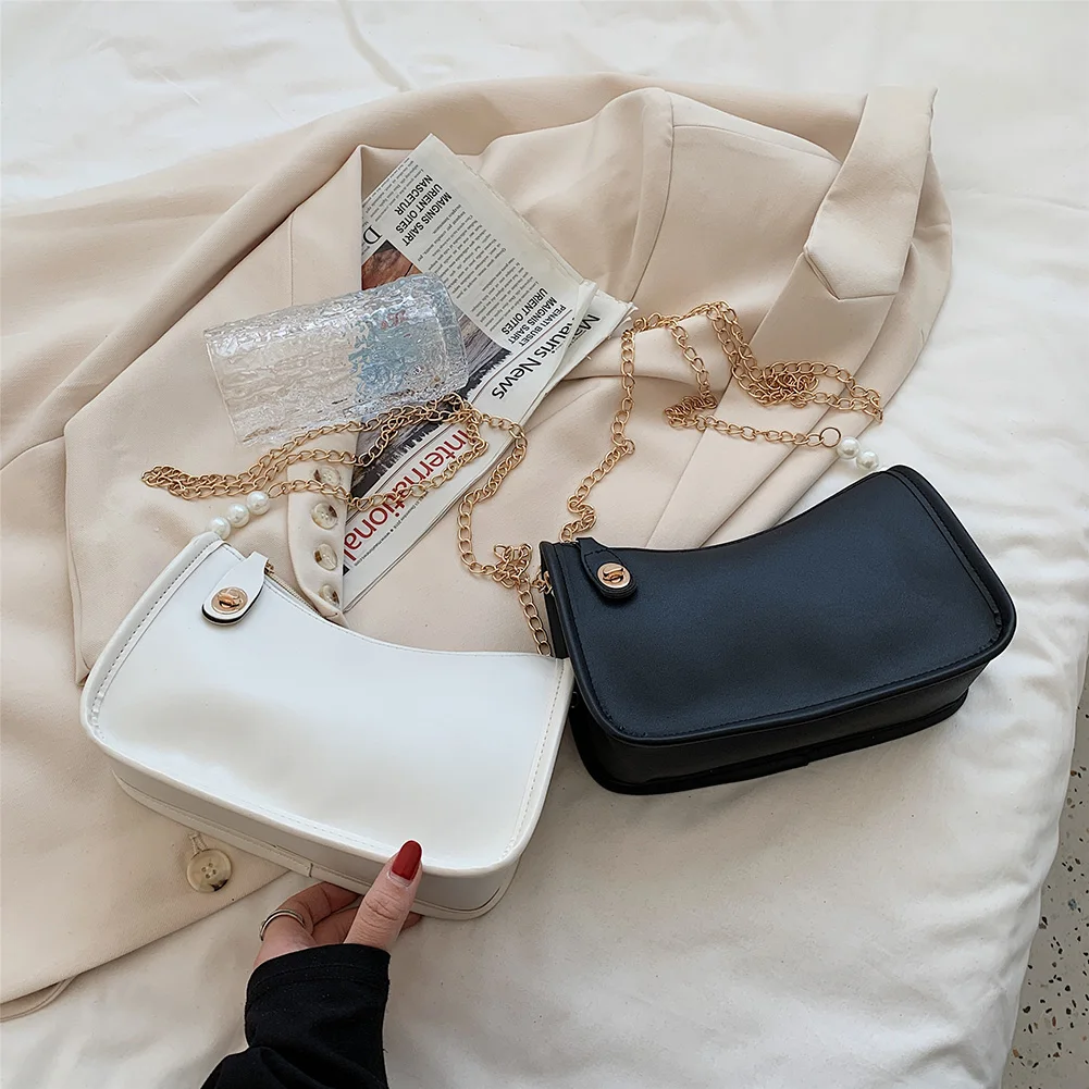

Fashion Women Pearl Chain PU Leather Solid Color Crossbody Shoulder Messenger Bag Casual Ladies Small Hobos Handbags Purse