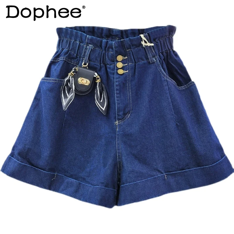 

Женские джинсы с высокой талией 2021 Летние повседневные облегающие шорты в Корейском стиле широкие штаны в форме бутона джинсовые шорты