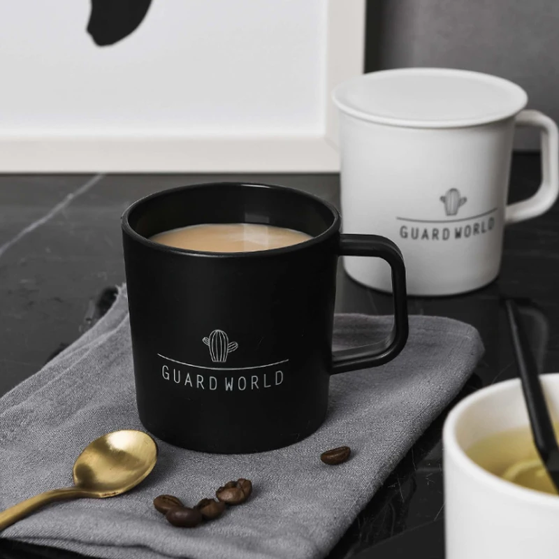 

Black White Mugs Tea Milk Coffee Cups with Handgrip Lid Office Water Cup Plastic Juice Glass Home Breakfast Milk Cups Drinkware