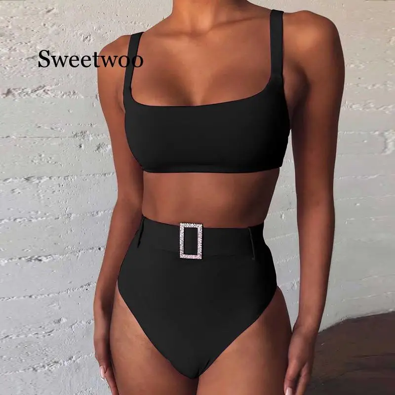 Бикини с высокой талией 2020 женский розовый купальный костюм купальники ремнем