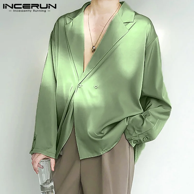 

INCERUN 2021 модная мужская рубашка из однотонного Цвет уличная отложной воротник с длинными рукавами и пуговицами для детей; Мужская одежда, све...