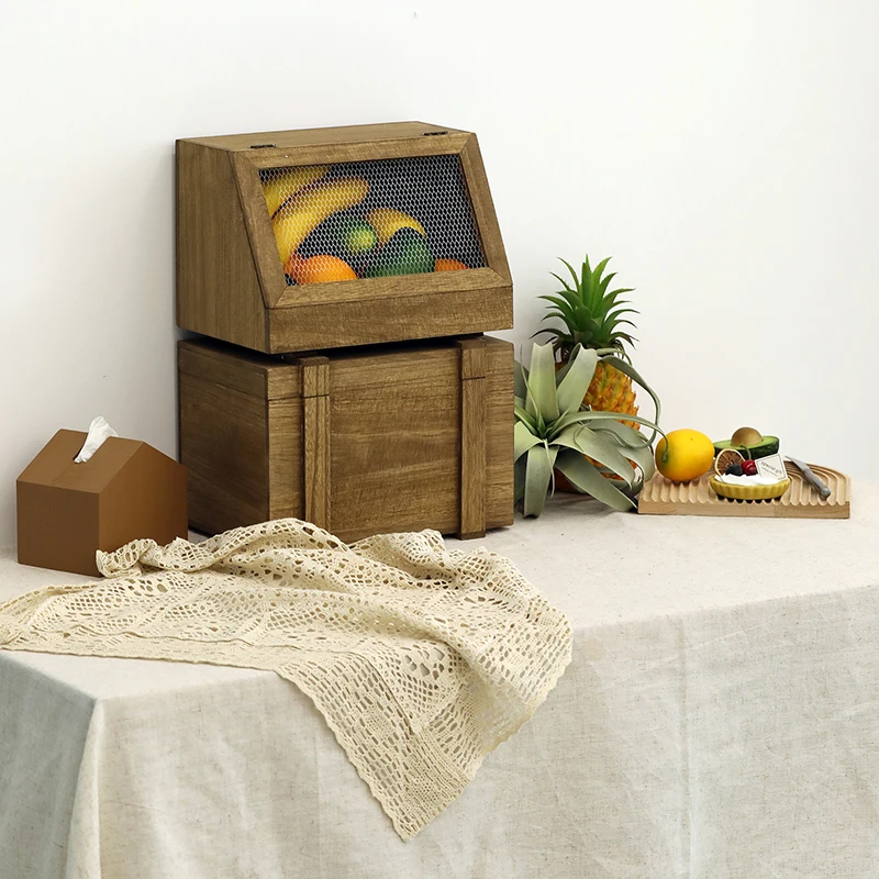 

Wooden Box Storage Case for Bread/Fruit Carton with Iron Net Tableware Wedding Party Home Decoration